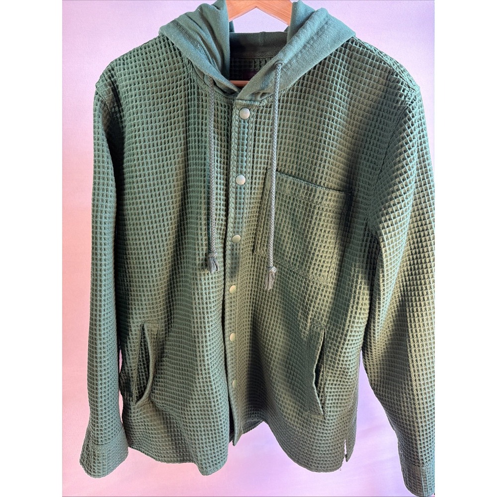 Original Use Men's Waffle Knit Snap Button Down Hooded Top Green Medium